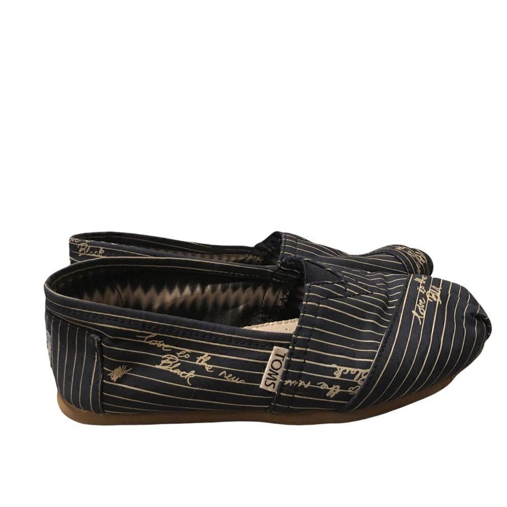 TOMS "Love Is the New Black" slip flats in navy blue &tan stripes women's size 6